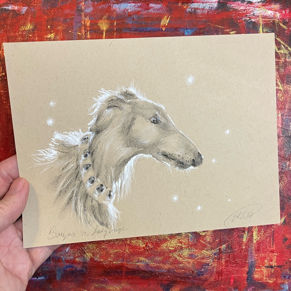 ORIGINAL Borzoi Dog painting Portrait charcoal pastel canine Art Signed USA